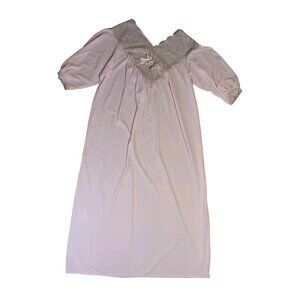 Vtg Sears Womens M 42-44 Pink Sheer Long Nightgown Nylon Lace Front 3/4 Sleeve